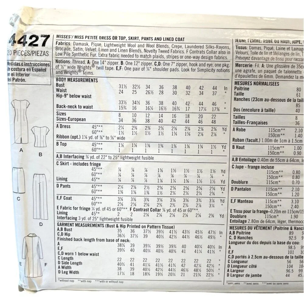 Simplicity Sewing Pattern 4427 Misses‎ Petite Dress Top Skirt Pants Coat 8-16